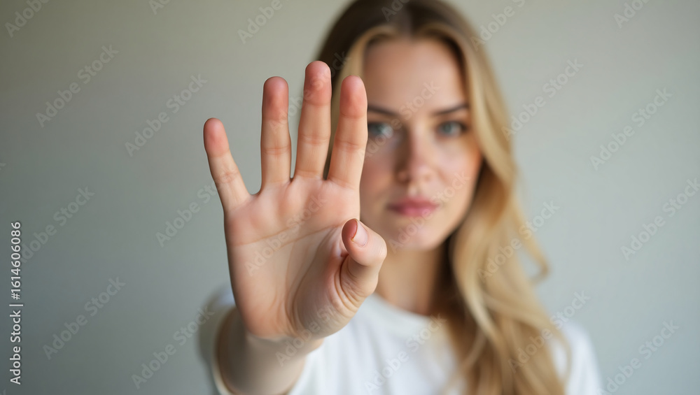 A woman displaying her fingers in a gesture with a slight smile. The woman is facing the camera with focus A woman displaying her fingers in a gesture with a slight smile. The woman is facing the camera with focus