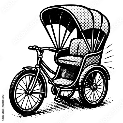 Rickshaw Halftone Illustration – Vintage Pedal Taxi Comic Style Vector