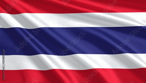 Free Download Thailand national flag with five horizontal bands—red, white, blue (double-width), white, red—symbolizing nation, religion, and monarchy; textile folds add movement and honor. - GFXLoad