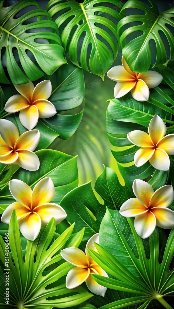 Obraz premium Exotic Monstera leaves and frangipani flowers in a lush tropical background