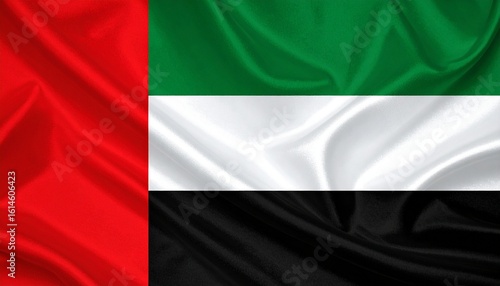 Free Download United Arab Emirates flag with vertical red stripe and three horizontal bands—green, white, and black—symbolizing unity, prosperity, peace, and strength; folds add depth and dignity. - GFXLoad