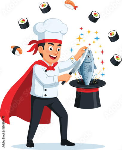 Magic Chef Juggling Sushi and Fish - Culinary Clipart