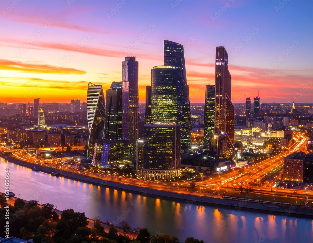 Obraz premium City skyline at sunset over a river