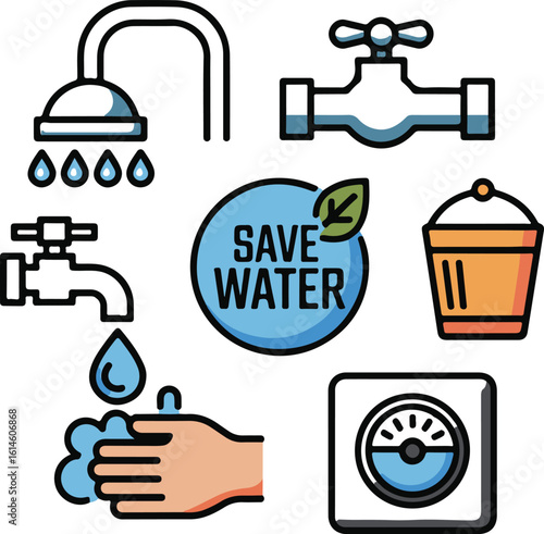 Water Usage and Conservation Outline Icon Set: Shower Head, Faucet, Dripping Tap, Bucket, Washing Hands, Water Meter, Water Tank, and Save Water Symbol