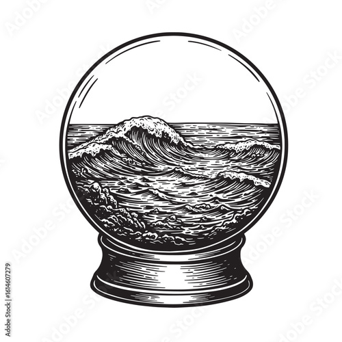 Artistic illustration of ocean waves and water inside a glass fortune telling crystal ball
