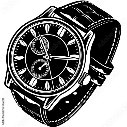Vector art of a classic wristwatch with a leather strap and detailed dial stands out in this vector illustration
