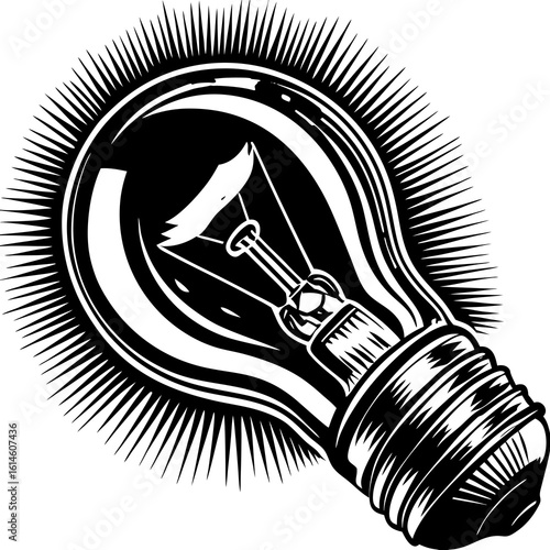 Vector art of a vintage light bulb emits a bright glow, symbolizing a new idea or innovative solution in black and white