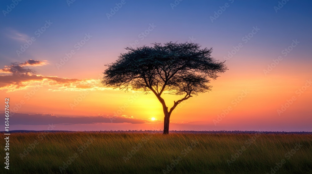 Obraz premium Silhouette tree at sunrise, golden hues