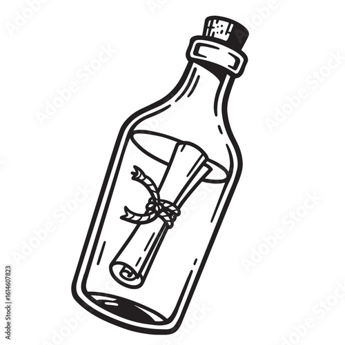 Black and white illustration of a message in a bottle with tied scroll for design.