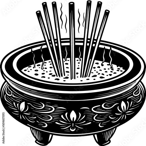 Vector art of an ornate incense burner with smoking incense sticks used in religious and spiritual ceremonies