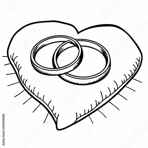 Vector art of two wedding rings intertwined on a heart shaped pillow symbolizing eternal love and commitment