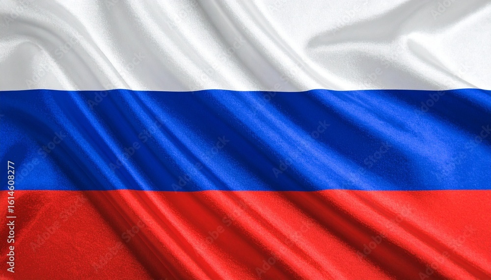 Fototapeta premium Russian national flag with three horizontal bands—white (top), blue (middle), and red (bottom)—symbolizing nobility, honesty, and courage; subtle fabric folds evoke solemn dignity.