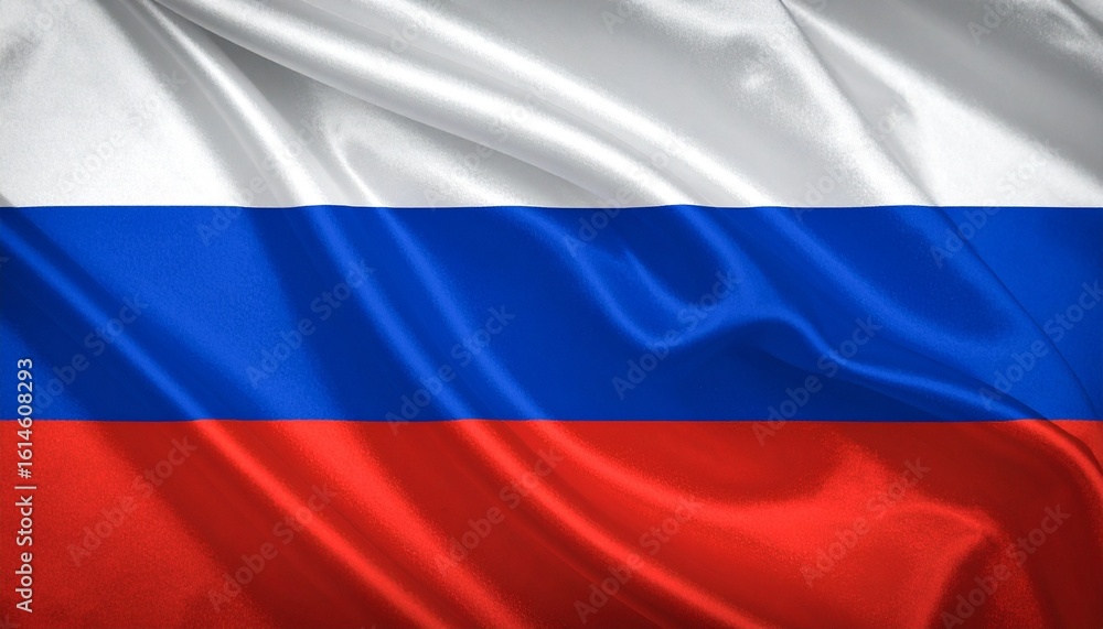 Fototapeta premium Russian national flag with three horizontal bands—white (top), blue (middle), and red (bottom)—symbolizing nobility, honesty, and courage; subtle fabric folds evoke solemn dignity.
