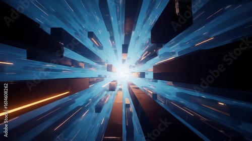 Abstract technology background with geometric shapes, future concept, digital design, light tunnel, speed and perspective, connection and network.