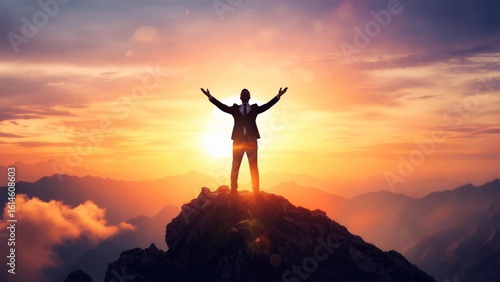 Fototapeta Naklejka Na Ścianę i Meble -  Businessman atop mountain at sunset