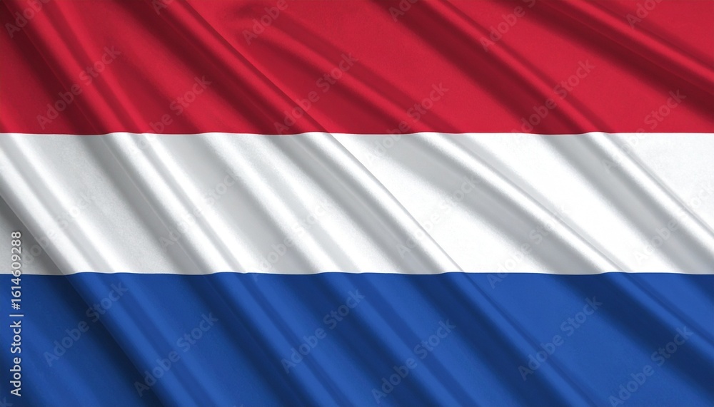 Fototapeta premium Netherlands national flag with three horizontal bands: top red, middle white, bottom blue—symbolizing independence, unity, and historic republican values.