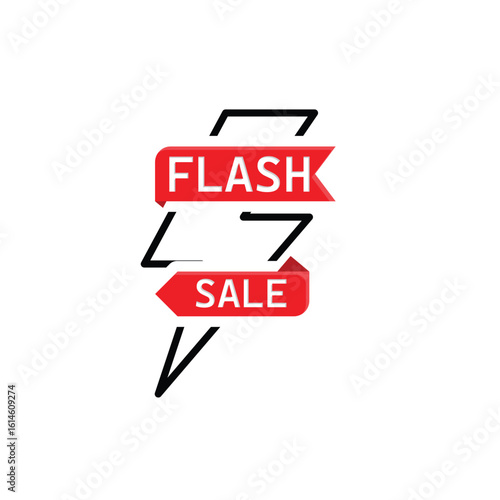 Flash Sale icon. E-Commerce and Promotions. Lightning bolt symbol with flash sale caption on ribbon. Shop, sale, market. Mixed design style.