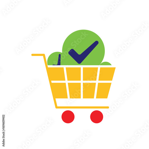Checkout icon. E-Commerce and Promotions. Shopping cart with a check mark above it. market, sale, buy. flat design style.