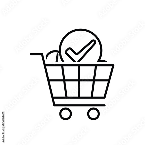 Checkout icon. E-Commerce and Promotions. Shopping cart with a check mark above it. market, sale, buy. outline design style.