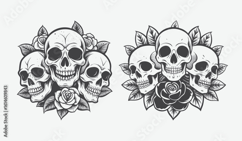 Dark floral skull cluster arrangement silhouette isolated on white background