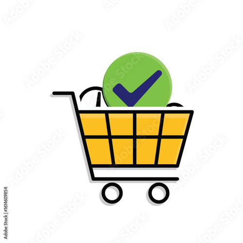 Checkout icon. E-Commerce and Promotions. Shopping cart with a check mark above it. market, sale, buy. mixed design style.