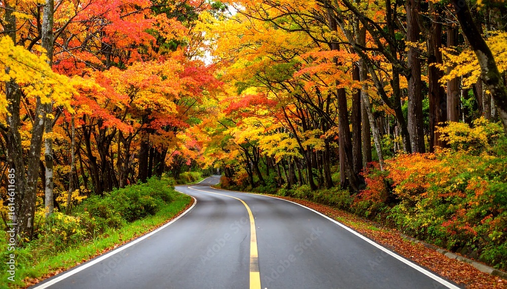 Fototapeta premium Winding road through vibrant autumn foliage