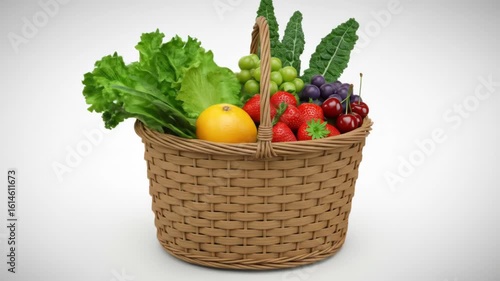 A wicker basket overflowing with vibrant, ripe produce; green grapes, red strawberries, dark cherries, a yellow citrus fruit, lush green lettuce, and deep green kale leaves