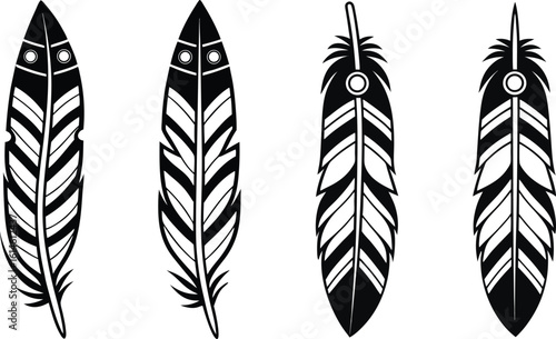 Four stylized black and white feathers with tribal patterns