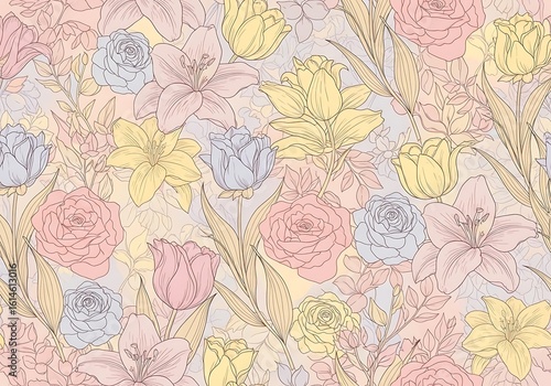 Elegant floral pattern with pastel colors and delicate line work for backgrounds