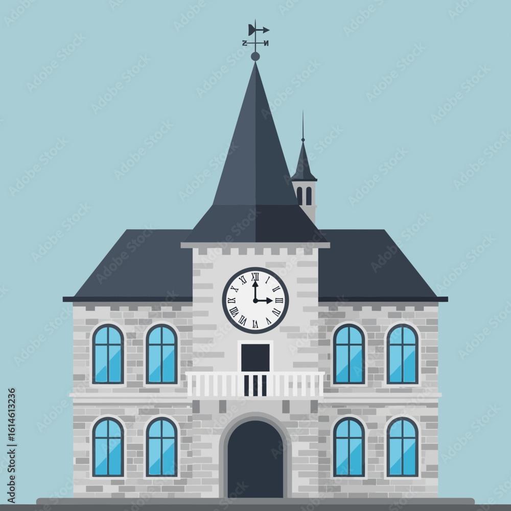 Obraz premium Illustration of a building with a clock tower against a blue background.