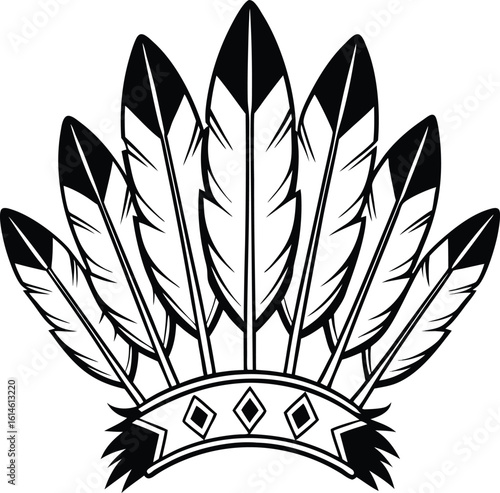 Native american headdress with feathers and diamond pattern