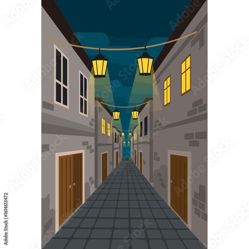 Narrow street with buildings and lanterns at night illustration perspective view.