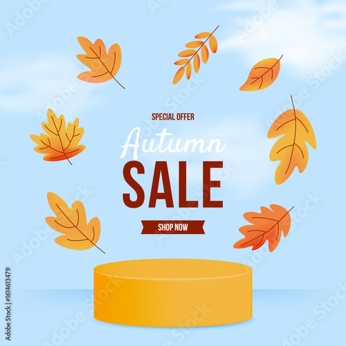 Dynamic fall sale design with golden swirling leaves and central product podium. Great for banners and digital ads. Vector illustration
