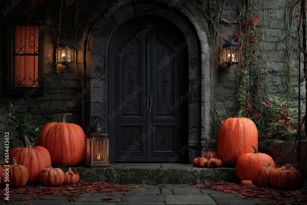 Obraz premium Halloween wallpaper featuring carved pumpkins and an ornate door at a mystical entryway surrounded by autumn foliage