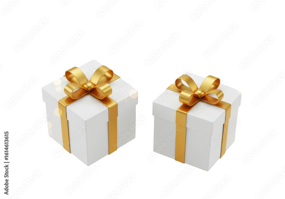 Obraz premium Two white gift boxes with gold ribbon and bows isolated on a transparent background