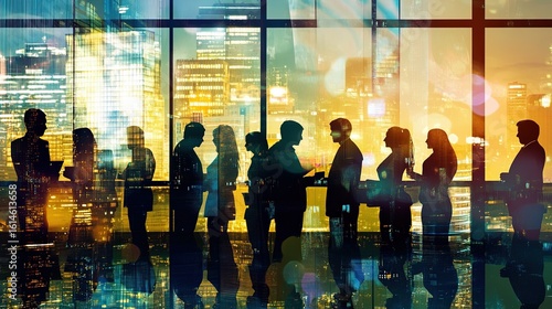 A montage featuring silhouettes of professionals from different departments working together, sharing expertise, and aligning on goals. The background includes a modern office space with a cityscape