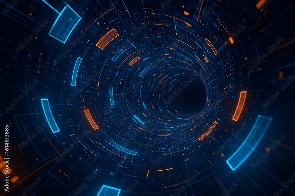 Fototapeta premium Abstract glowing blue tech tunnel with digital lines and floating data elements, perfect for technology, cyber, or futuristic concepts. Technology abstract background 3D Rendering