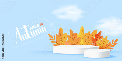 Simple autumn banner with floating leaves and 3D white podium. Horizontal background for product presentation and sale announcements. Vector illustration
