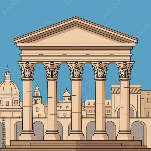 Illustration of a classical temple facade with columns and buildings in background.