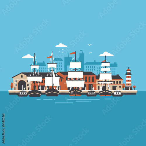 Illustration of a coastal town with ships buildings and a lighthouse on water.