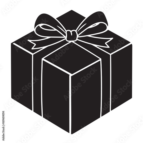 Black and white hand drawn illustration of a gift box with a decorative bow for holiday occasions