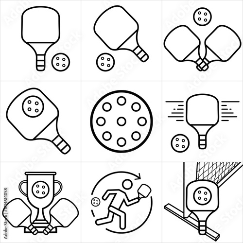 Pickleball Icon Set – Line Art Paddle, Ball, Player and Trophy