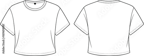CAD drawing flat vector illustration of women's basic cropped t-shirt with round neck, short sleeves, clean outline, fashion sketch, template