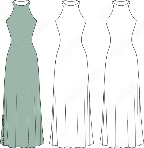 CAD drawing flat vector illustration of women’s sleeveless maxi dress with round neckline, fitted bodice, flare hem, front view