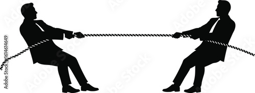 Business competition concept, two male silhouettes in suits pulling rope, corporate struggle, teamwork versus rivalry, leadership challenge, strategic conflict, business metaphor illustration