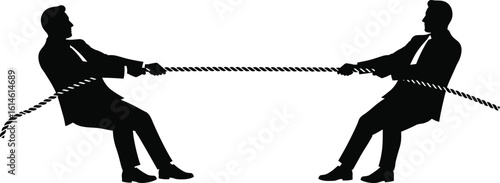 Businessmen pulling rope in tug of war, corporate conflict metaphor, leadership struggle, competitive tension, teamwork versus rivalry concept, business challenge, workplace strategy