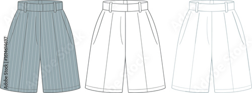 CAD drawing flat vector illustration of women’s pleated Bermuda shorts with belt loops, striped pattern, front side views template stylish