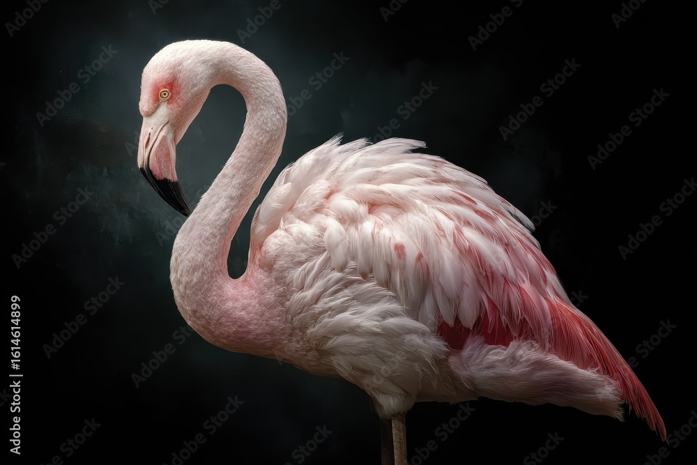 Fototapeta premium Beautiful flamingo poised elegantly against a dark background showcasing intricate feather details and vibrant colors under soft lighting