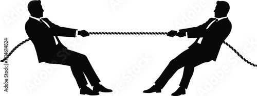 Business competition concept, two men in suits pulling rope in office environment, symbolizing teamwork, conflict, struggle, leadership, strategy, rivalry, success, and challenge