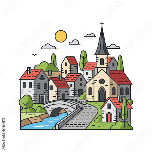 Cartoon village illustration with houses church river bridge trees and sun.